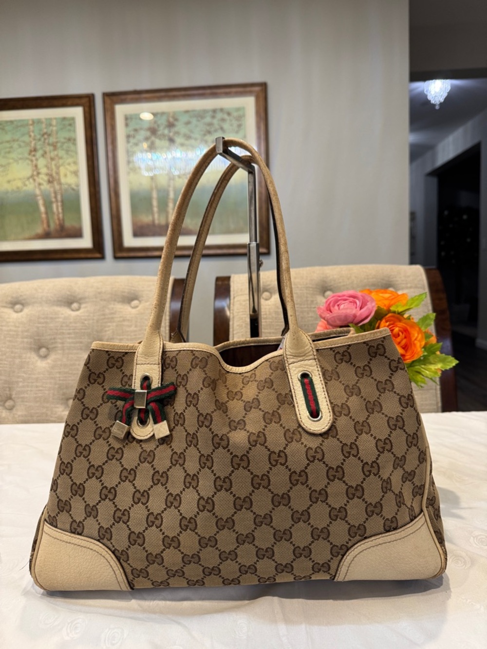 Authentic Gucci Brown GG Monogram Tote with Beige Trim and Green-Red Web Accent